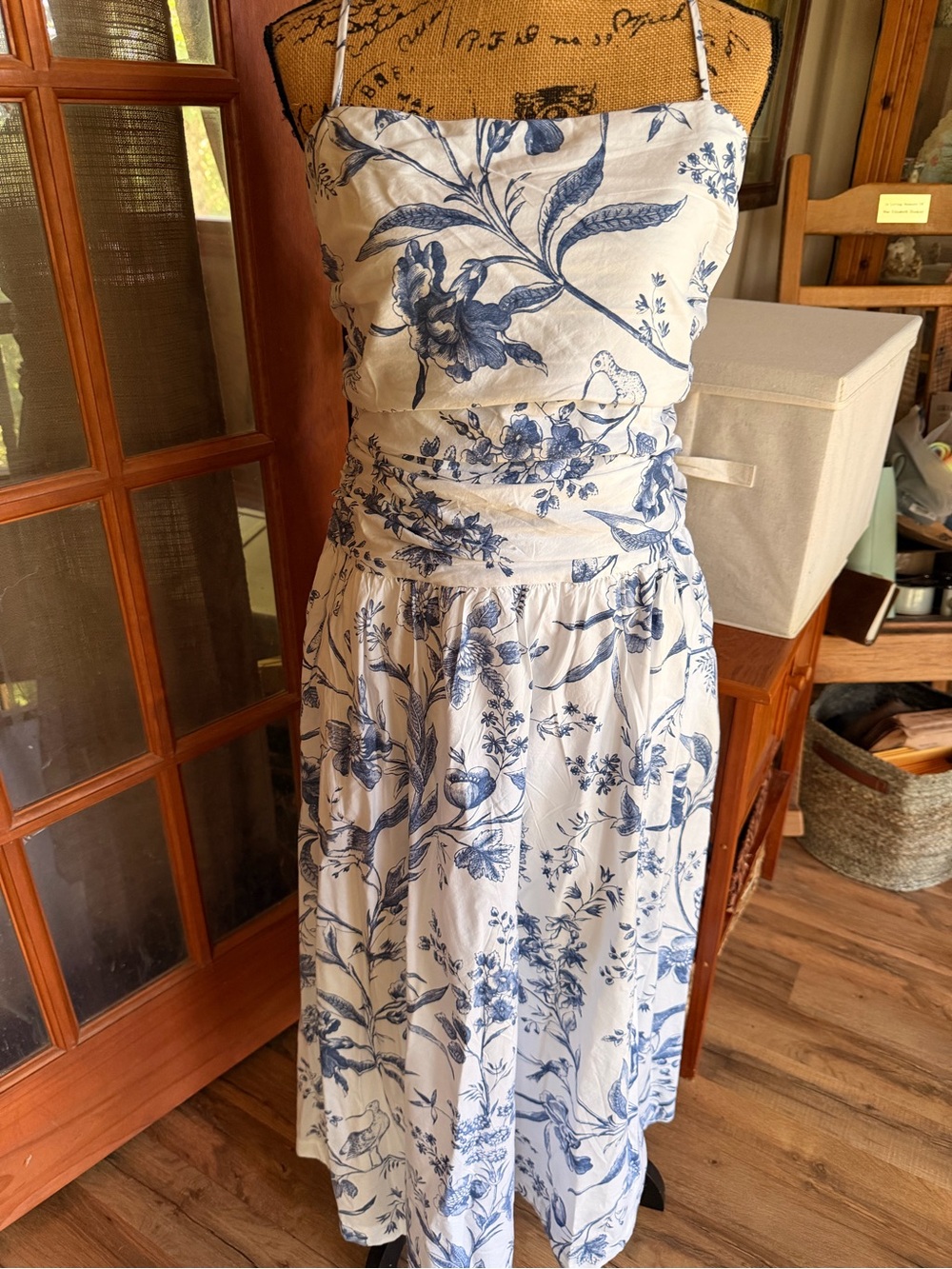 LOFT White Midi Dress with Blue Floral Print